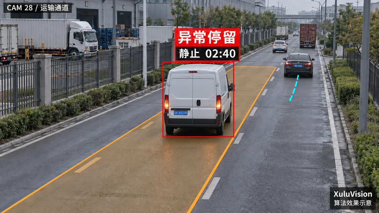 车辆异常停留监控视角算法效果示意：同向车道车辆静止计时与正常通行对照