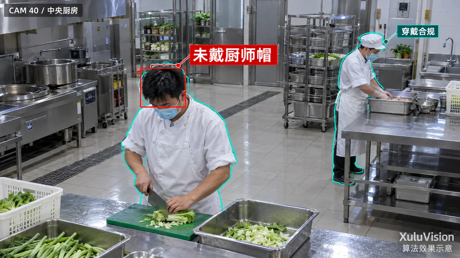 厨师帽穿戴检测监控视角算法效果示意：未戴厨师帽与后厨穿戴合规对照