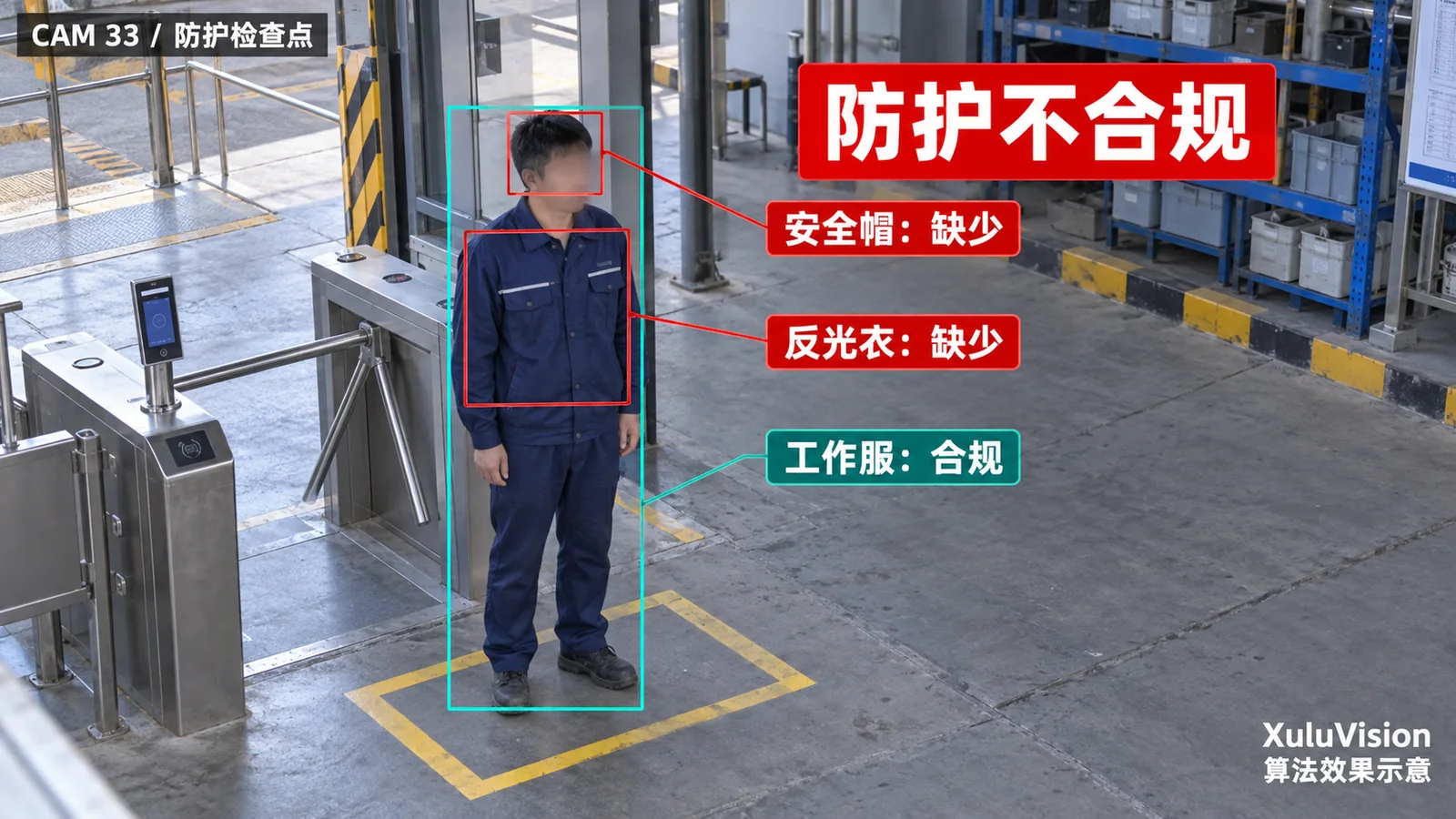 多项防护联合检查监控视角算法效果示意：同一人员安全帽、反光衣和工作服联合判定