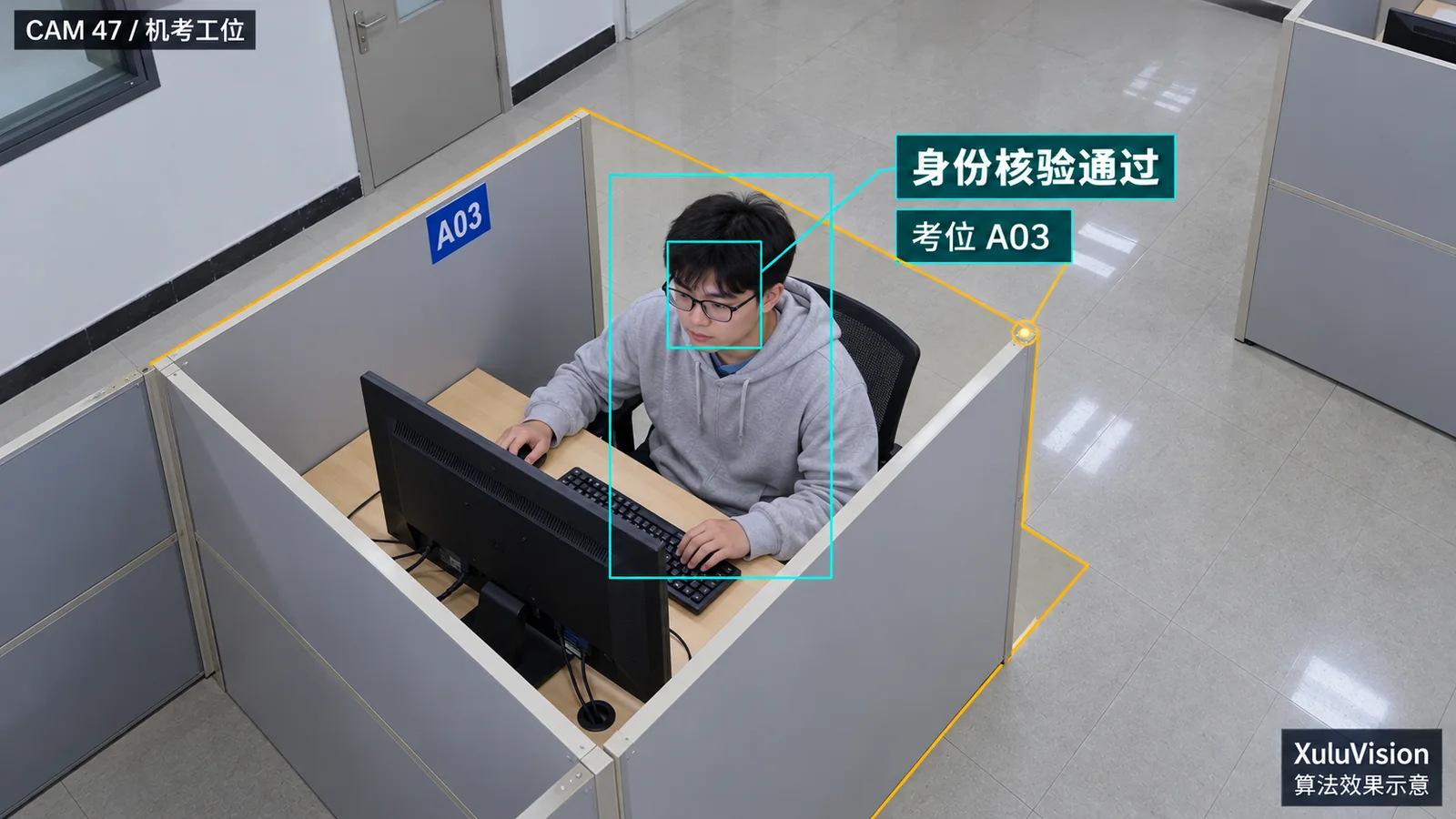 考生身份核验监控视角算法效果示意：正侧前方机位人脸与匿名考位关联