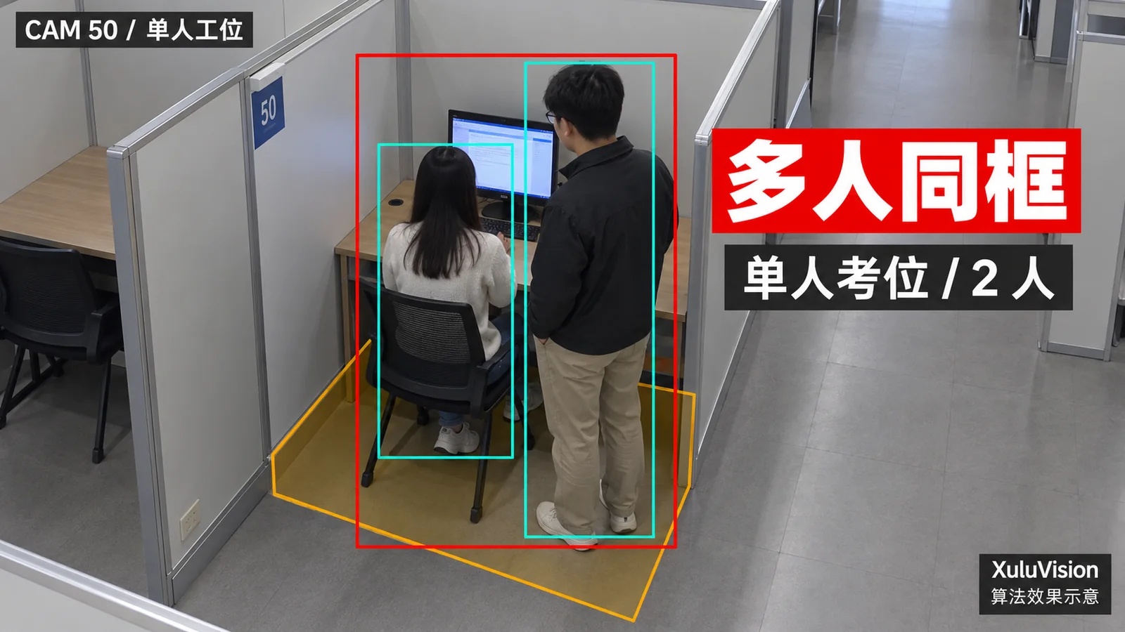 考位多人同框监控视角算法效果示意：单人考位内两人持续出现