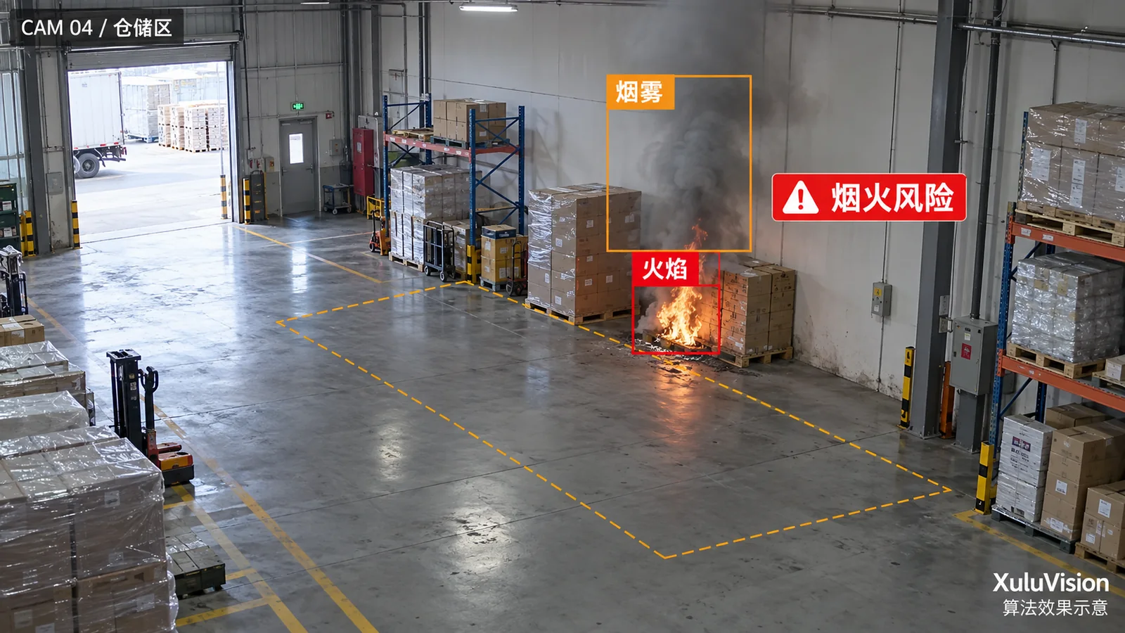 火焰烟雾检测监控视角算法效果示意：仓储区火焰与烟雾分别框选，烟火风险告警