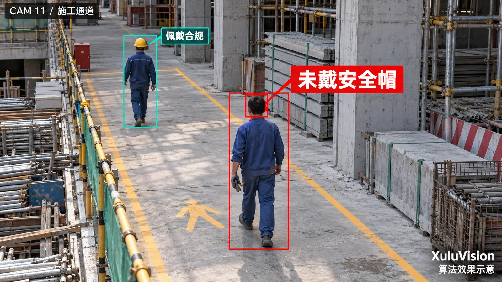 安全帽佩戴检测监控视角算法效果示意：未戴安全帽人员与佩戴合规人员对照