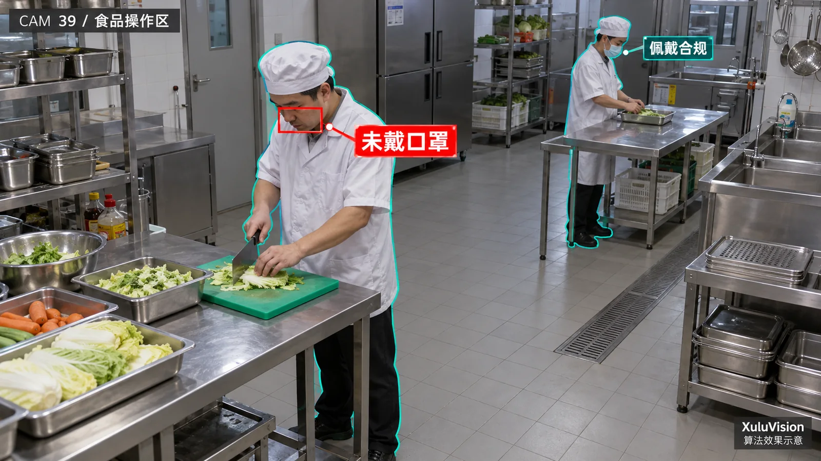 口罩佩戴检测监控视角算法效果示意：未戴口罩与规范佩戴人员对照