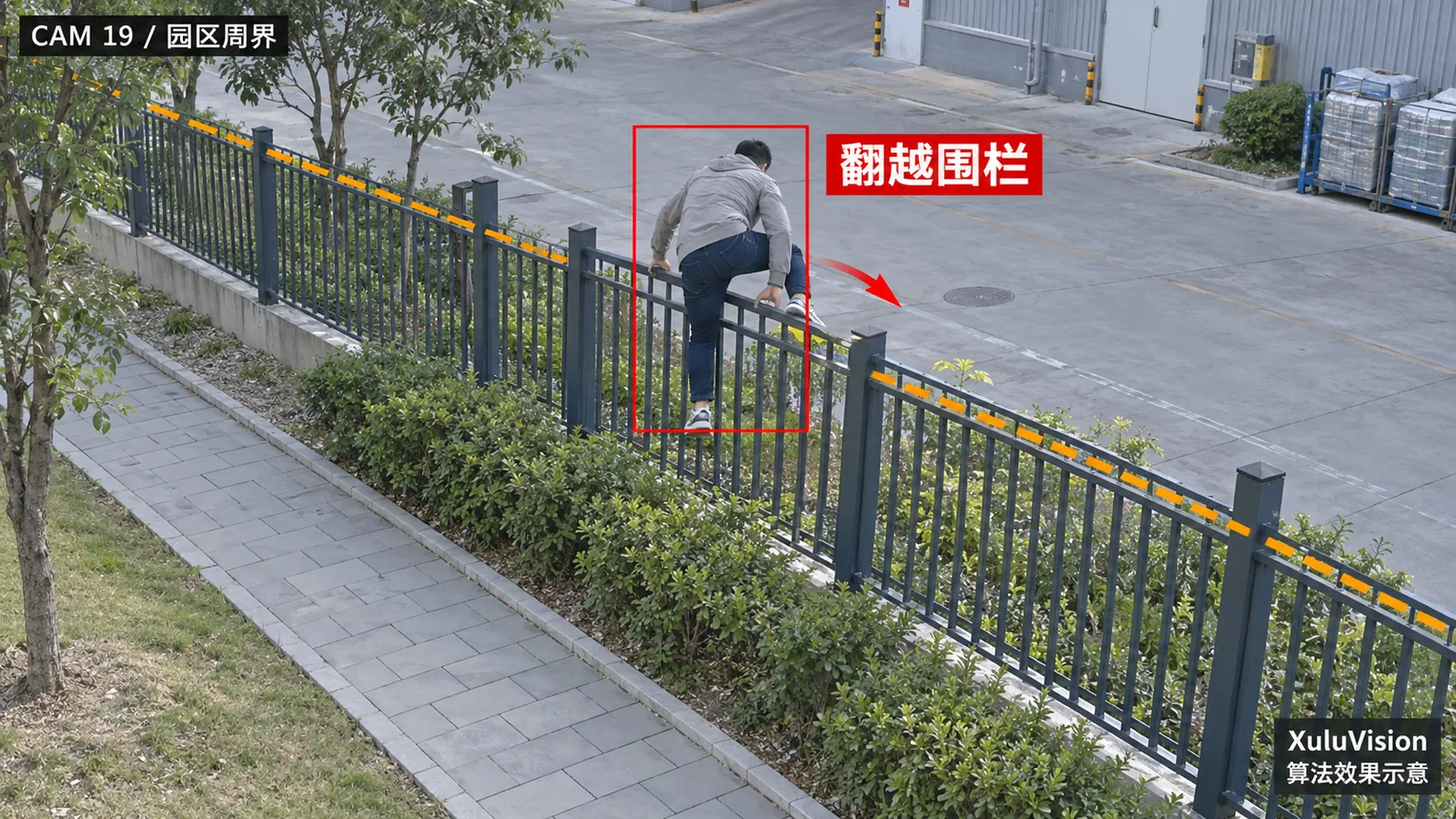 翻越检测监控视角算法效果示意：人员跨越围栏边界，展示越界方向