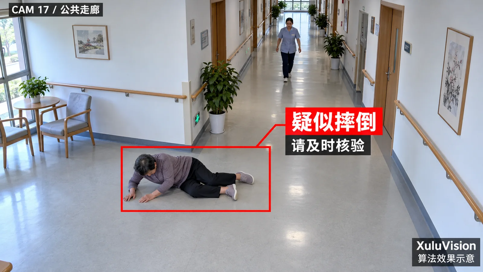 人员摔倒监控视角算法效果示意：疑似倒地人员定位与现场核验提醒