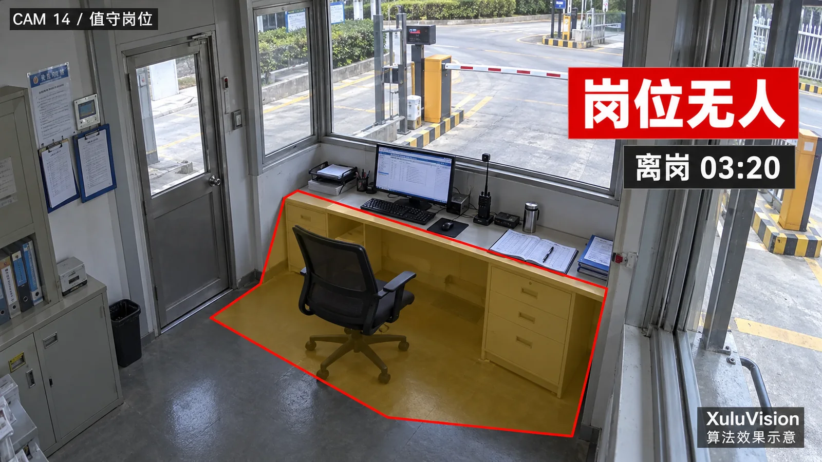 人员离岗监控视角算法效果示意：值守岗位无人，展示离岗持续时间