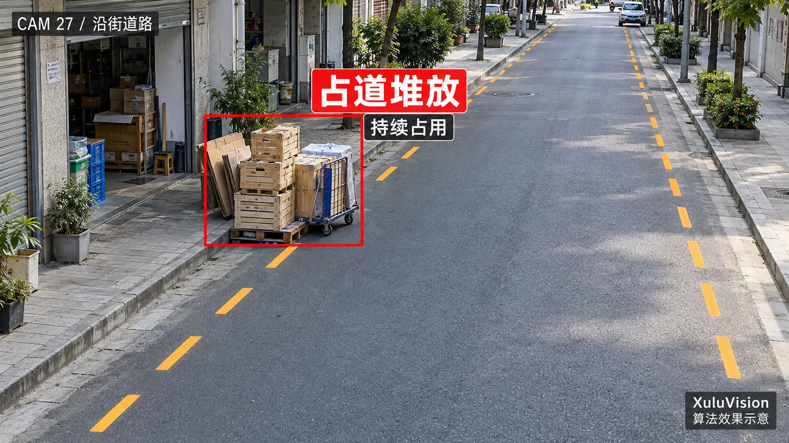 道路占道监控视角算法效果示意：沿街货物持续占用道路区域