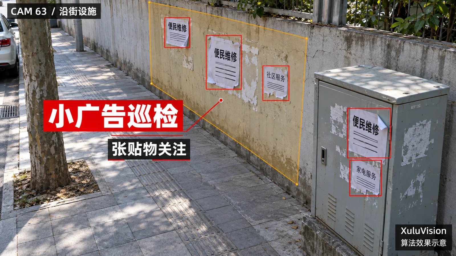 街面小广告巡检监控视角算法效果示意：墙面与设施张贴物候选定位