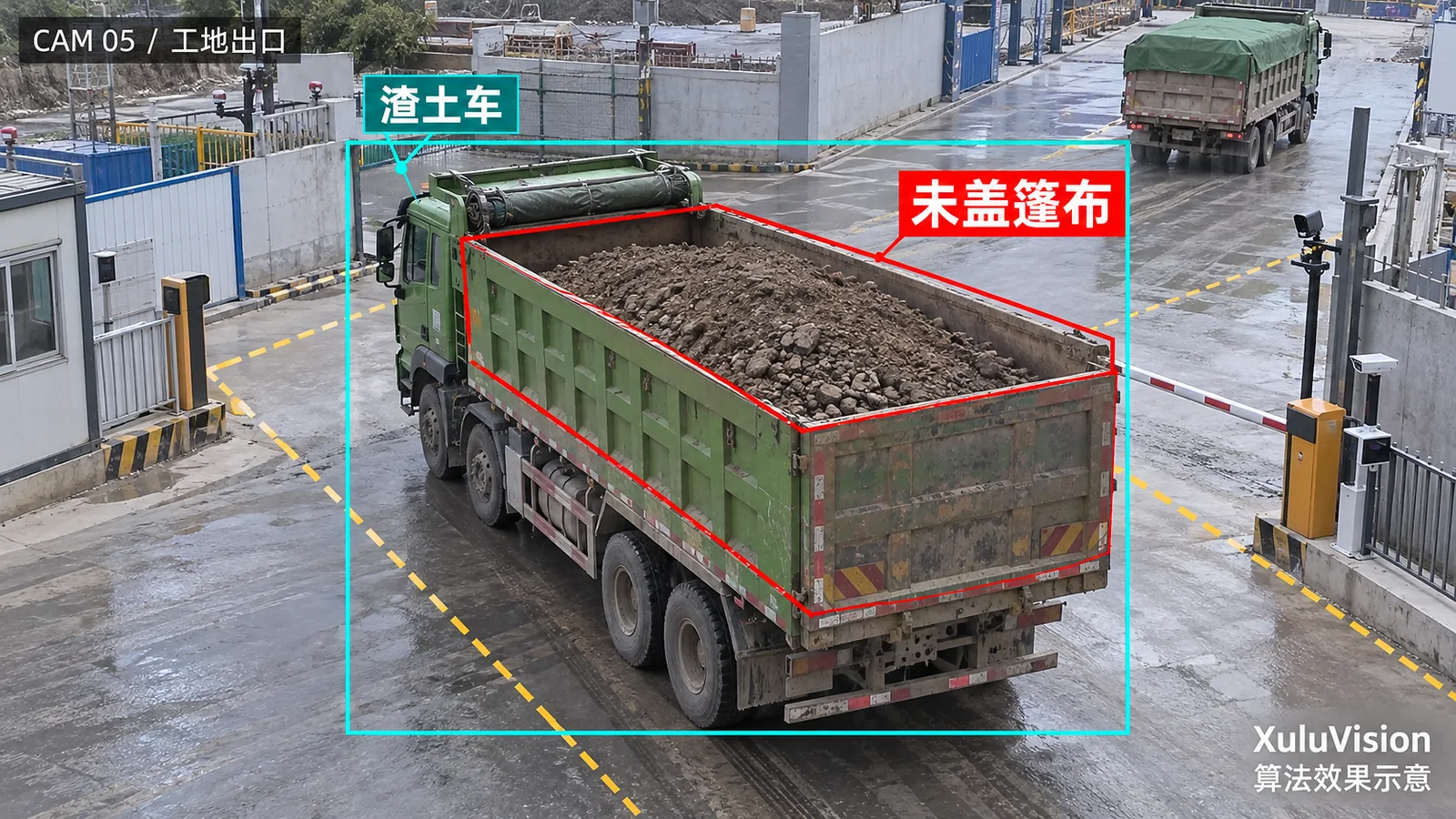 渣土未盖篷布监控视角算法效果示意：工地出口车辆与裸露车厢分别标注