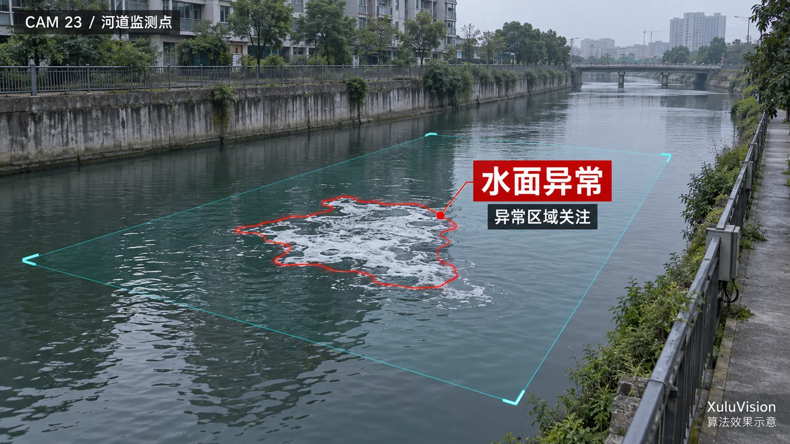 水面异常监控视角算法效果示意：水域范围与可见泡沫异常区域定位