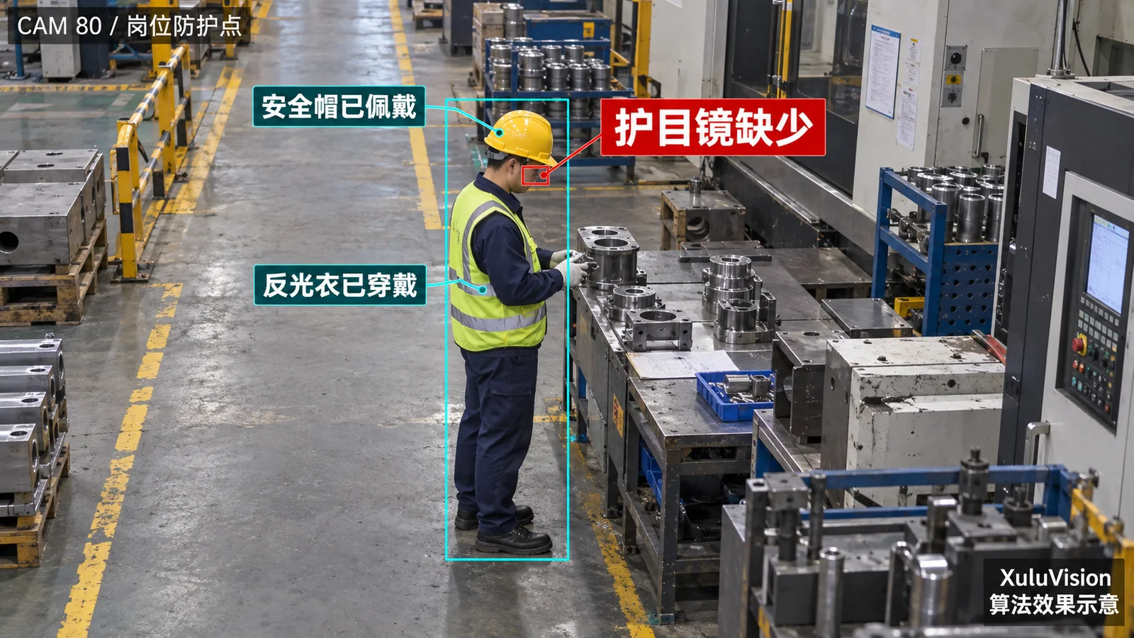 岗位防护用品检查监控视角算法效果示意：同一人员安全帽、反光衣与护目镜分项核验